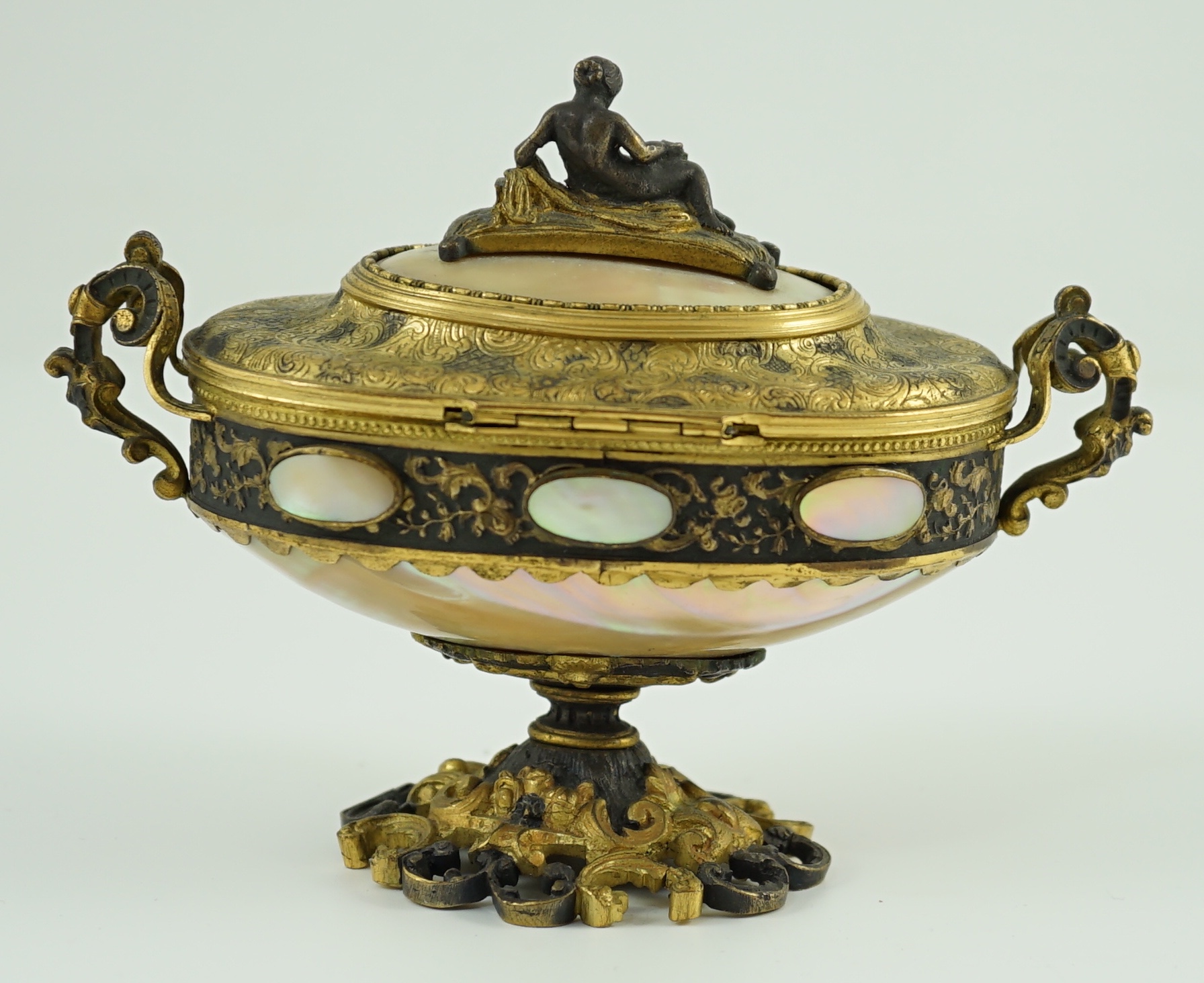 A 19th century Italian silvered and ormolu mounted mother of pearl casket, width 15cm, depth 7cm, height 11cm